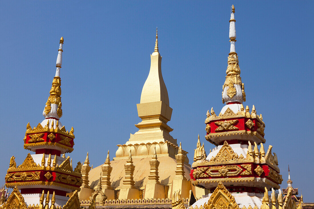 Buddhistic Stupas of Pha That Luang Monument in Vientiane, capital of Laos, Asia