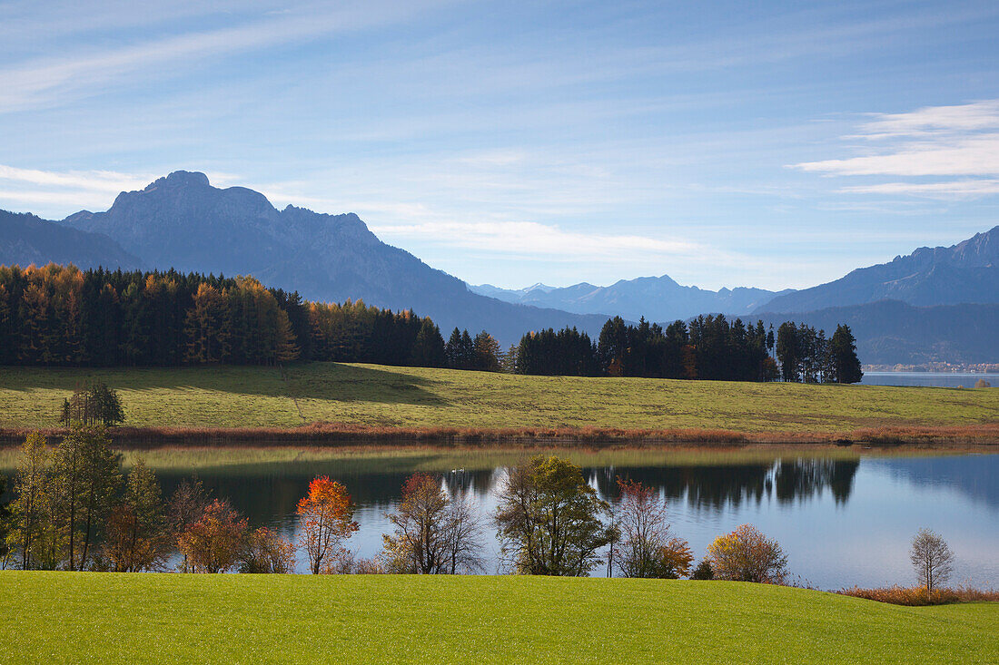 View over lake Forggensee to the Allgaeu Alps, Saeuling, Allgaeu, Bavaria, Germany