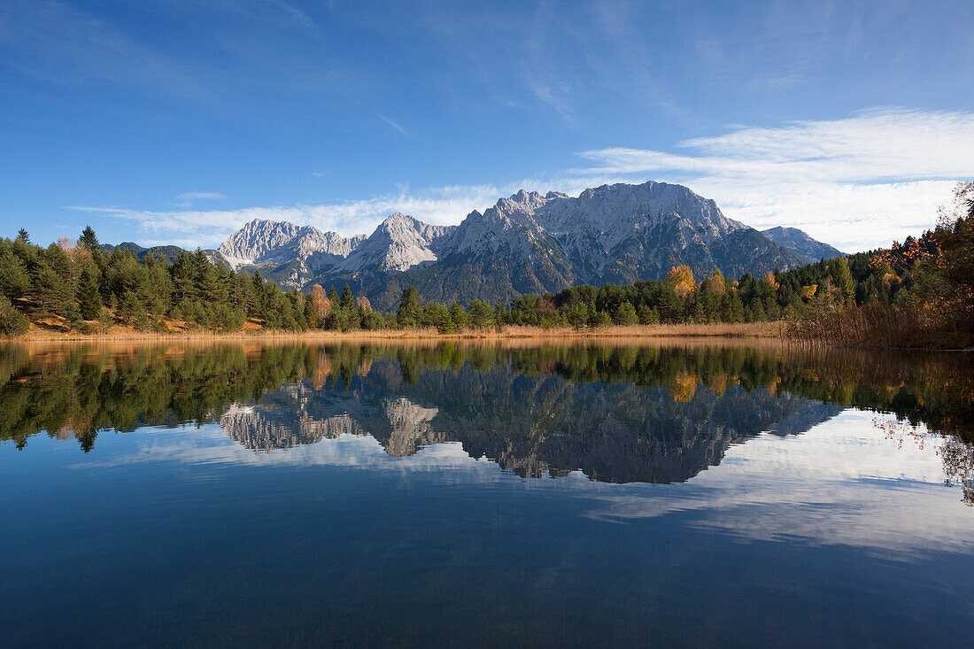 View over lake Luttensee to the Karwendel mountains, near Mittenwald, Bavaria, Germany