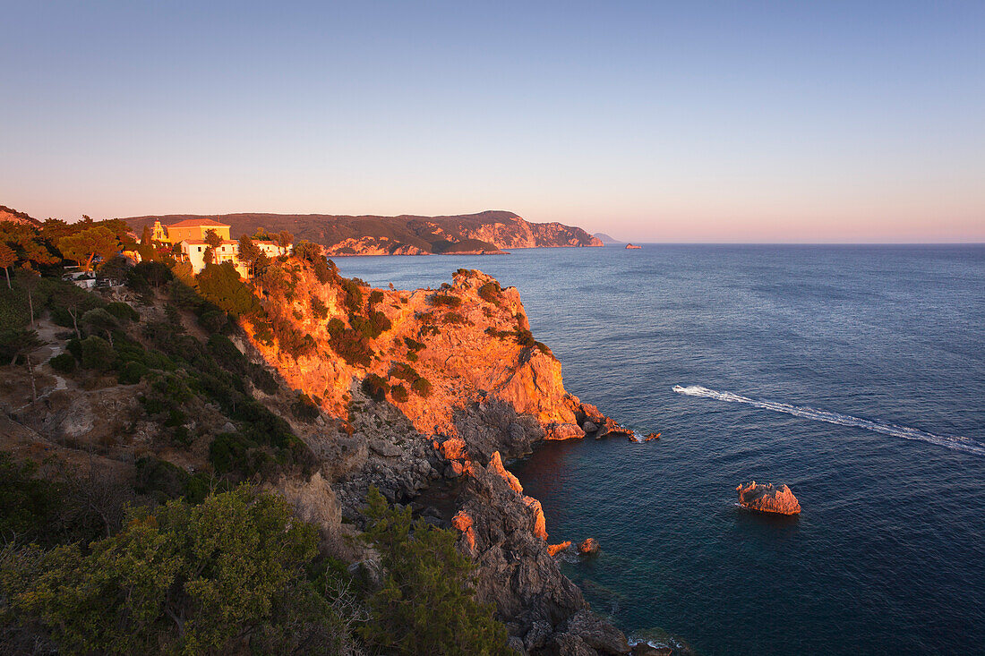 Panagia Theotokou monastery over Paleokastritsa Bay, Corfu island, Ionian islands, Greece