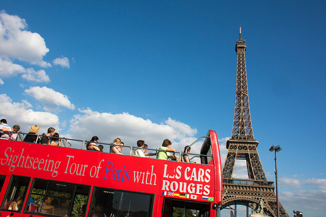 Sightseeing Bus near the Eiffel tower, Paris, France, Europe