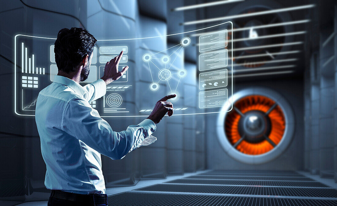 Man using a virtual computer in a wind tunnel, Hamburg, Germany