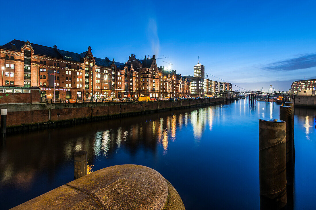 View to Speicherstadt in the evening, Hamburg, Germany