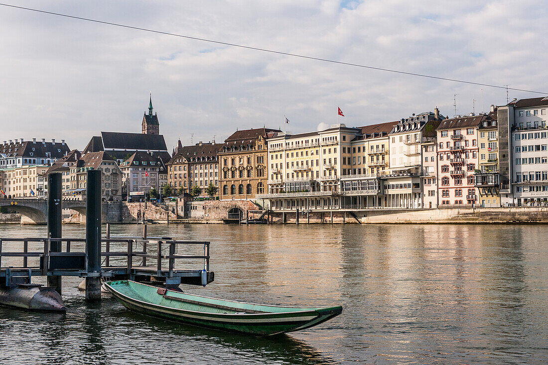 View over river Rhine to a hotel in the evening, Basel, Canton of Basel-Stadt, Switzerland