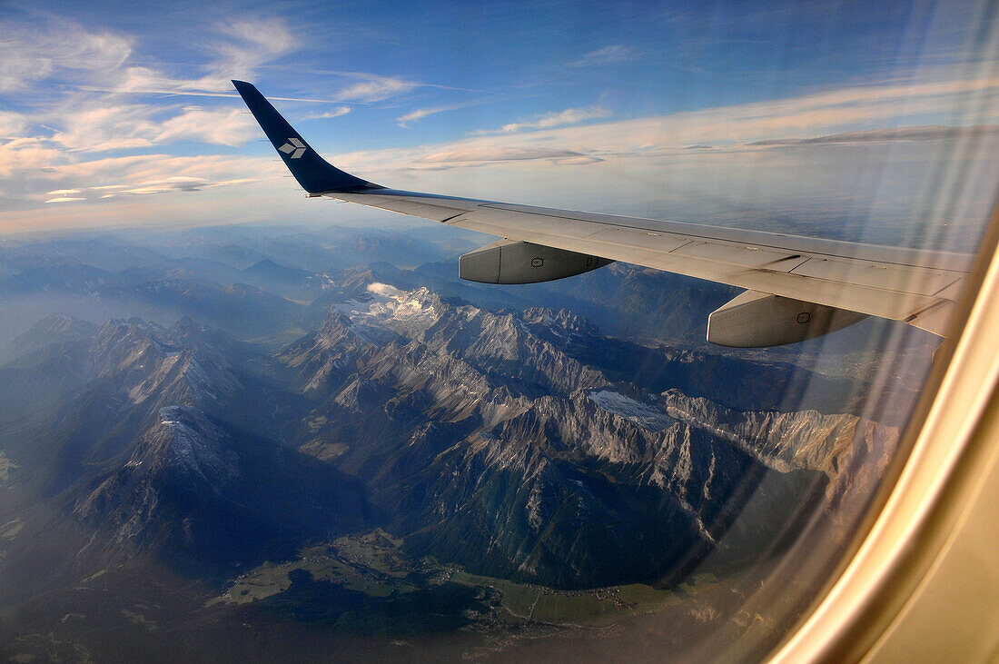 Wetterstein range with Zugspitze seen from an airplane (Air Dolomiti), Upper Bavaria, Bavaria, Germany
