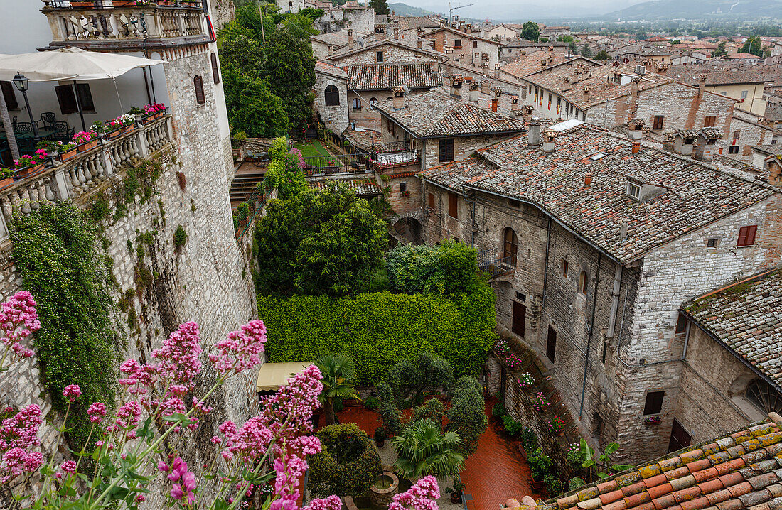 View from terrace of Palazzo Ducale over the historic center of Gubbio, St. Francis of Assisi, Via Francigena di San Francesco, St. Francis Way, Gubbio, province of Perugia, Umbria, Italy, Europa
