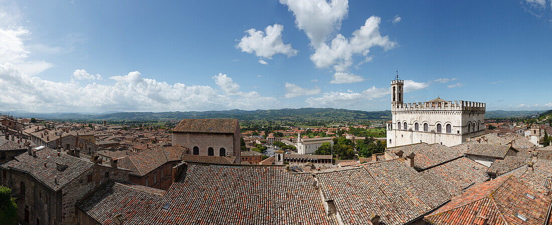 View from terrace of Palazzo Ducale to Palazzo dei Consoli town hall, and the historic center of Gubbio, St. Francis of Assisi, Via Francigena di San Francesco, St. Francis Way, Gubbio, province of Perugia, Umbria, Italy, Europa