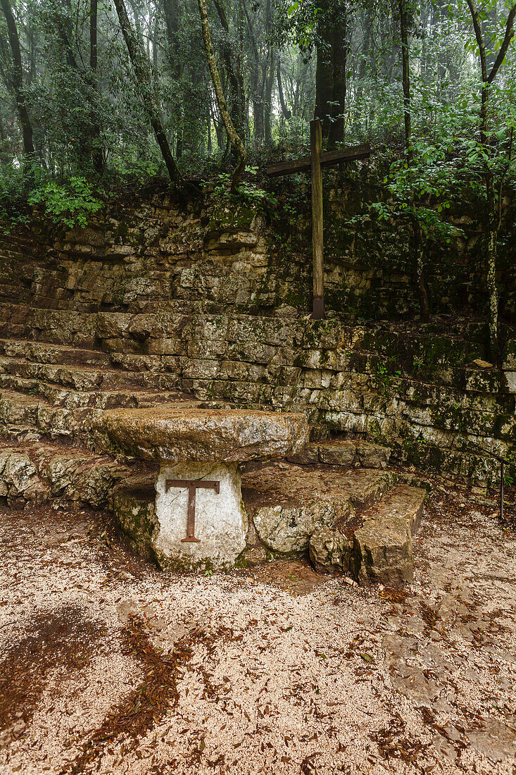 Open air altar with Tau symbol, steep forest at Eremo delle Carceri, hermitage in the woods above Assisi, Monte Subasio, St. Francis of Assisi, Via Francigena di San Francesco, St. Francis Way, Assisi, province of Perugia, Umbria, Italy, Europe