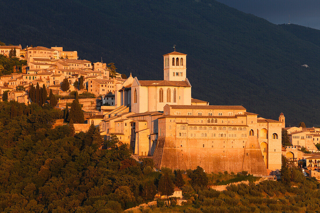 Assisi mit Basilika San Francesco, UNESCO Weltkulturerbe, Franziskus von Assisi, Via Francigena di San Francesco, Franziskusweg, Assisi, Provinz Perugia, Umbrien, Italien, Europa