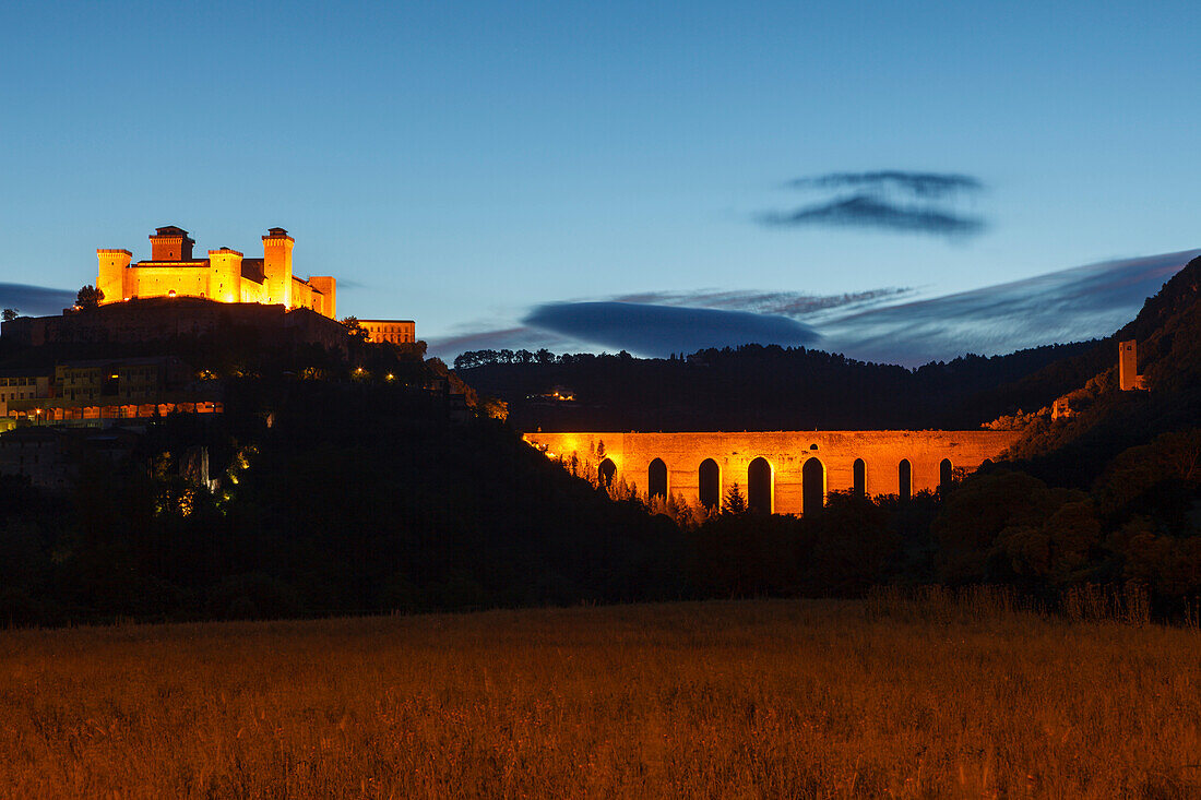 Rocca Albornoziana, cardinal's fortress from the 14th. century, museum and Ponte delle Torri, a medieval aqueduct from the 13th. century, Spoleto, Valle Umbra, St. Francis of Assisi, Via Francigena di San Francesco, St. Francis Way, Spoleto, province of P