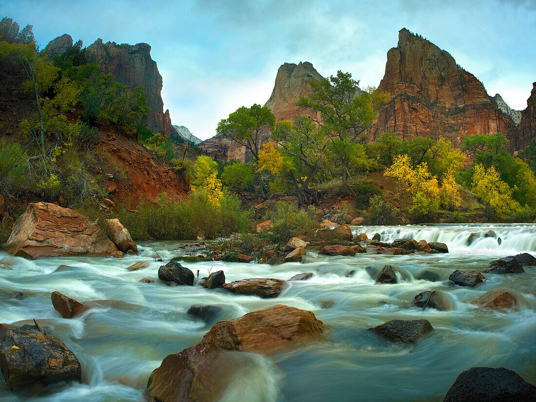 Court of the Patriarchs rising above river, Zion National Park, Utah