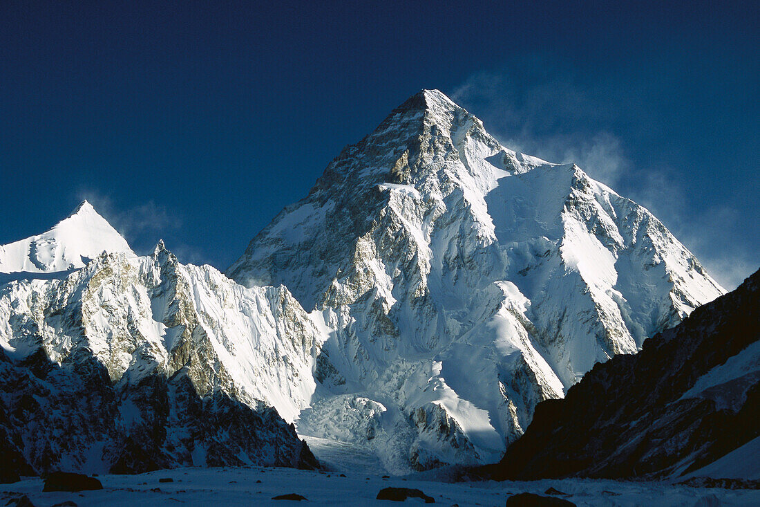 K2 at dawn (8,611 meters) seen from camp below Broad Peak, Godwin Austen Glacier, Karakoram Mountains, Pakistan