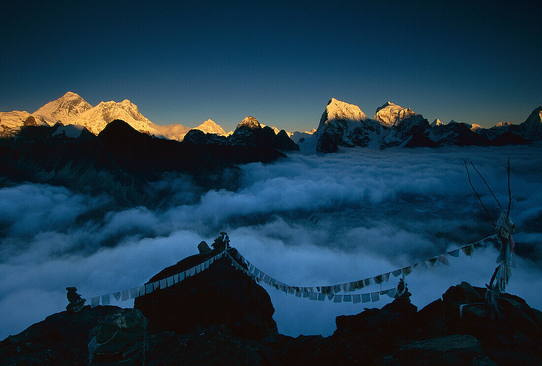 Panorama from Everest to Taweche with alpenglow, Khumbu, Nepal