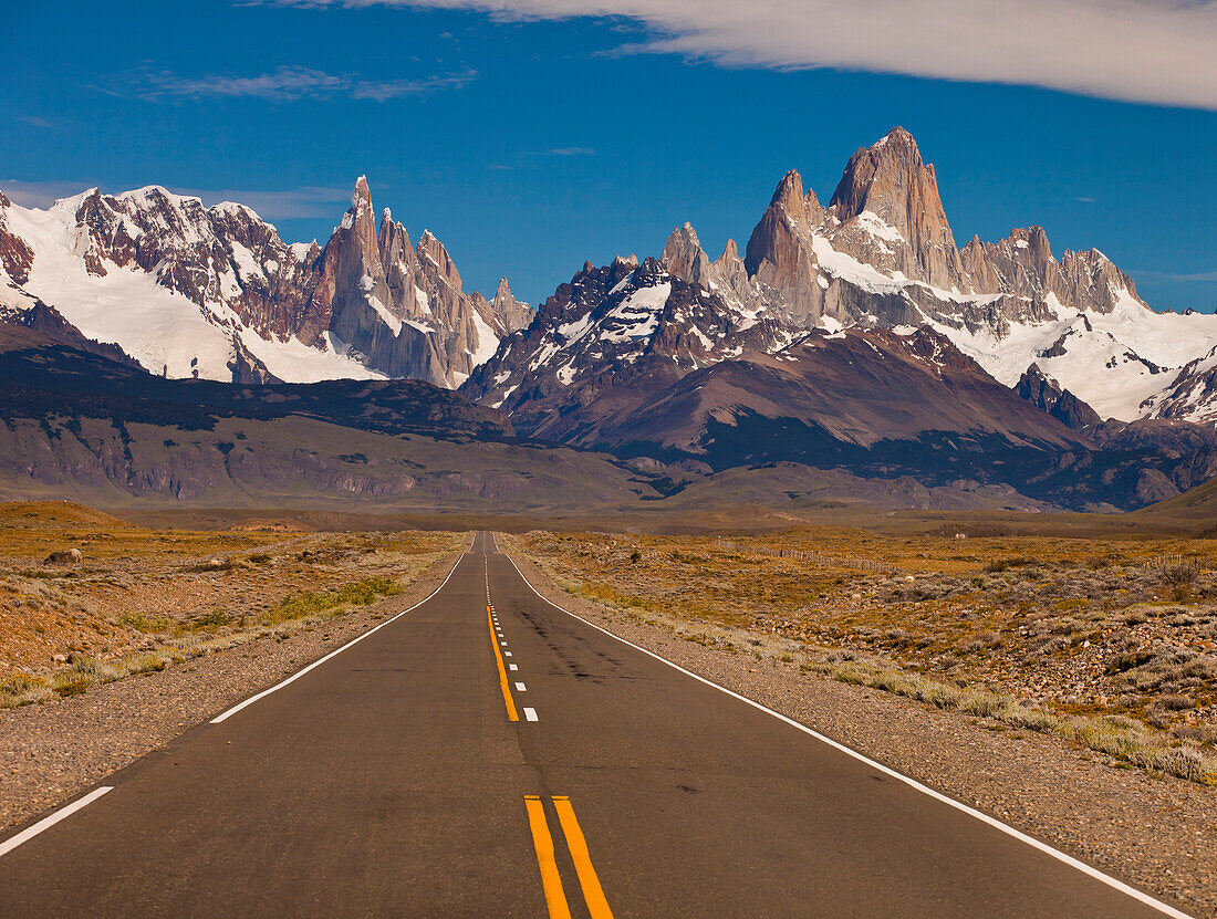 Road to Cerro Torre and Mount Fitzroy crosses dry pampa, Los Glaciares National Park, Patagonia, Argentina