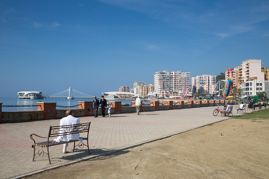 Durres seafront promenade with amusement rides, Durres, Albania