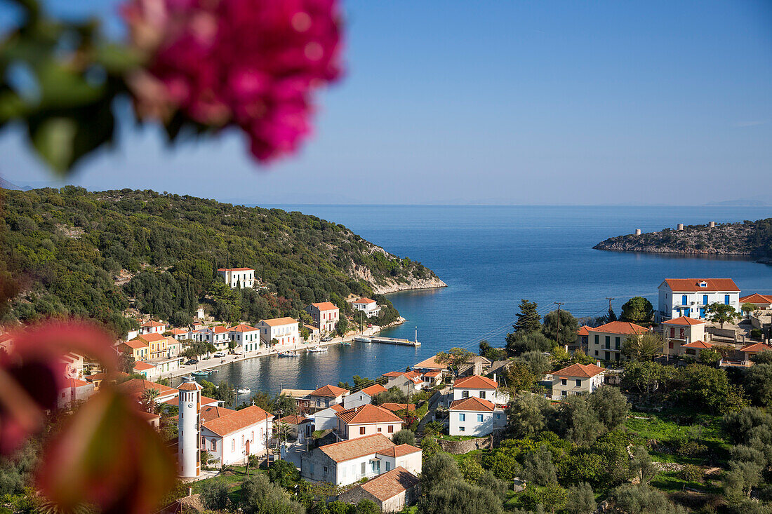 View of the fishing village and harbor, Kioni, Ithaca, Ionian Islands, Greece