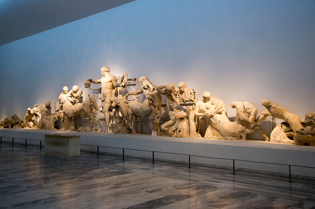 Ancient statues on display at Olympia Museum, Olympia, Elis, Peloponnese, Greece