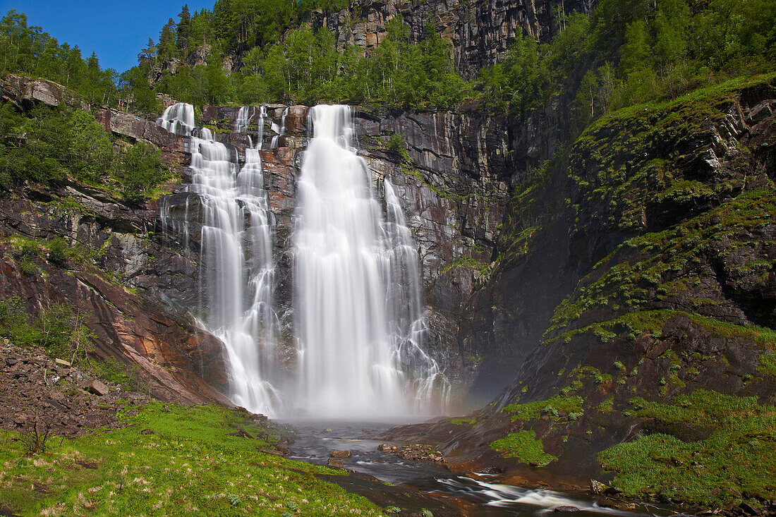 Skjervefossen waterfall near Voss, RV 13, Province of Hordaland, Vestlandet, Norway, Europe