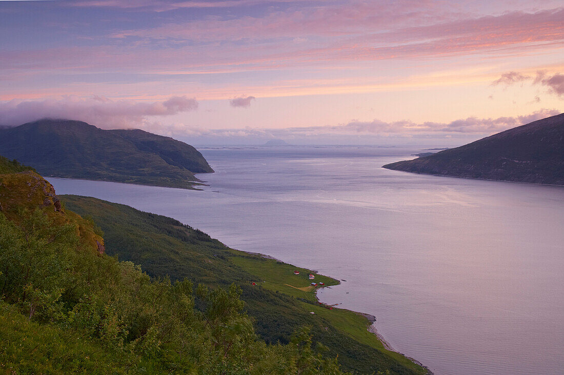 View from the Sjonfellet to the fjord, Sjonafjord and the rocky isle of Lovunden, Sunrise, Province of Nordland, Nordland, Norway, Europe