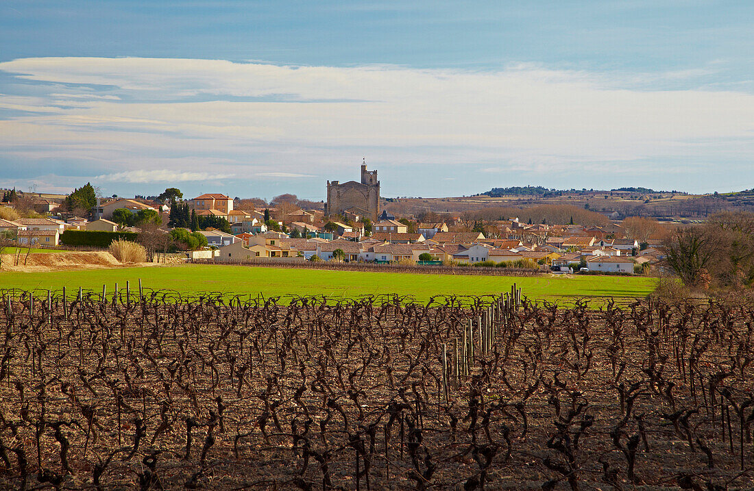 Blick über Weinanbaugebiet auf Capestang, Canal du Midi, Dept. Hérault, Languedoc-Roussillon, Frankreich, Europa