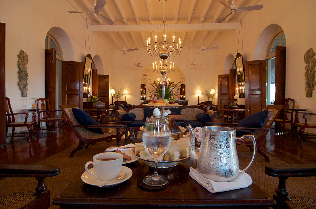 Beautiful colonial style room, High tea in the Luxury 5 Star Hotel Amangalle, Galle, Southwest coast, Sri Lanka