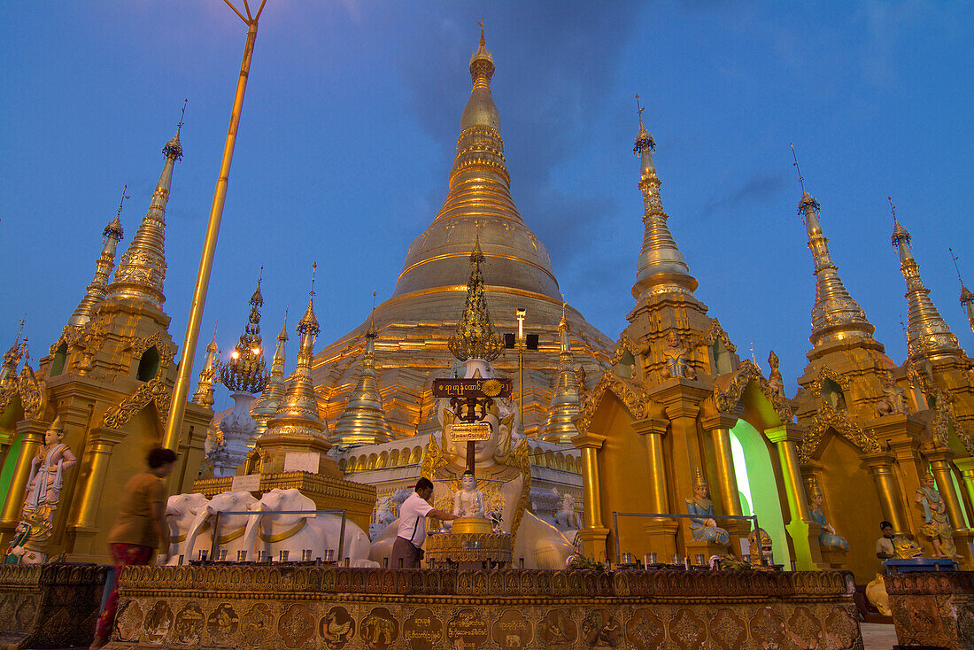 Burmese man praying after sunset at the Shwedagon Paya, Yangon, Rangoon, Myanmar, Burma