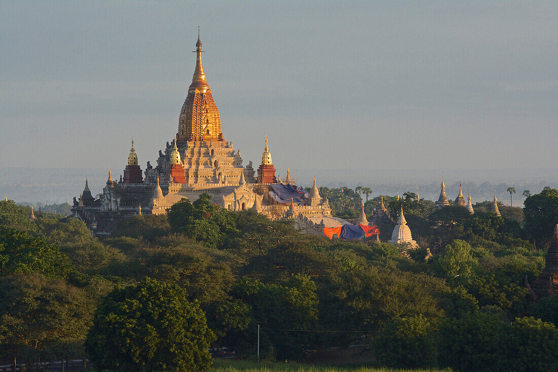Morgendlicher Blick über das Pagodenfeld zur Ananda Pagode in Bagan, Pagan, Myanmar, Burma