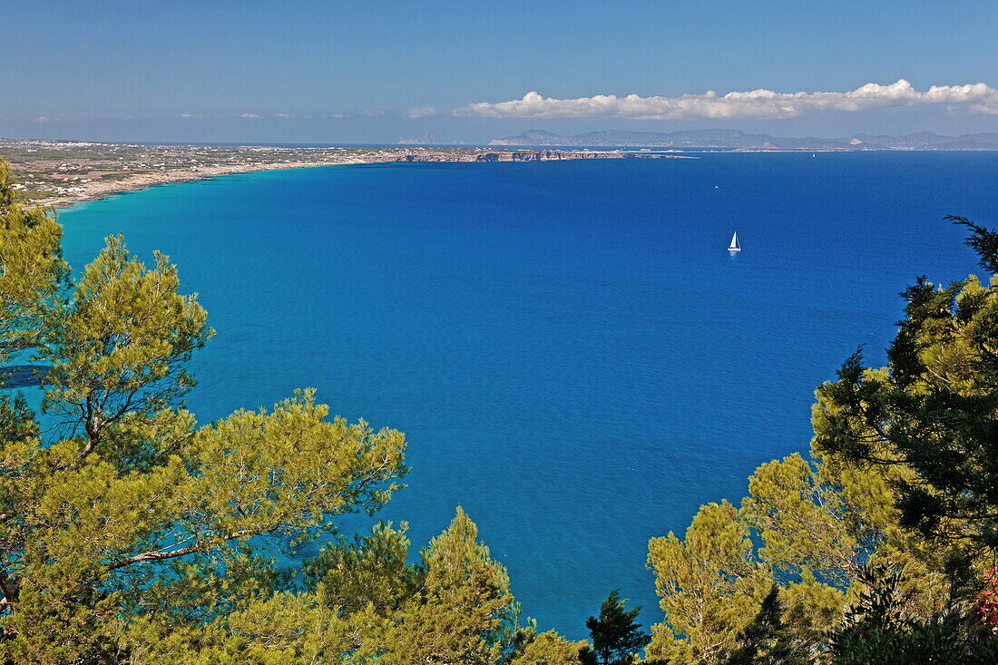 View from Camino Romano over the northern coast of Formentera, Balearic Islands, Spain