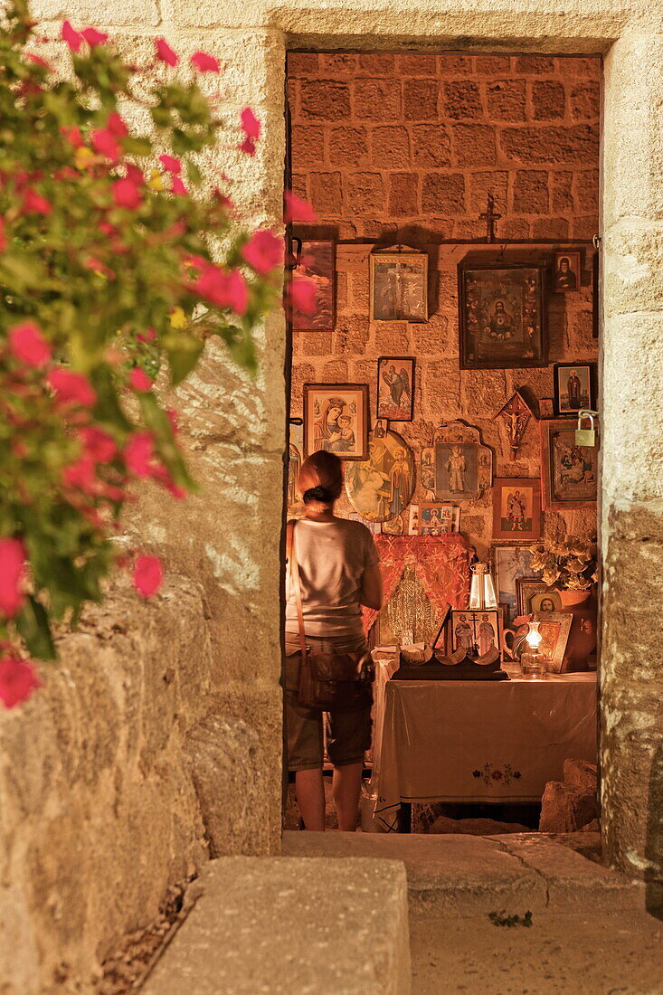 Old orthodox church in Menekleous street in the old town of Rhodes, Dodecanese, South Aegean, Greece