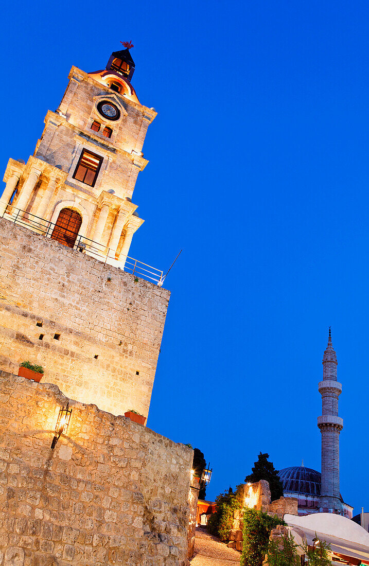 Byzantine clock tower in the old town of Rhodes town, Rhodes, Dodecanese, South Aegean, Greece