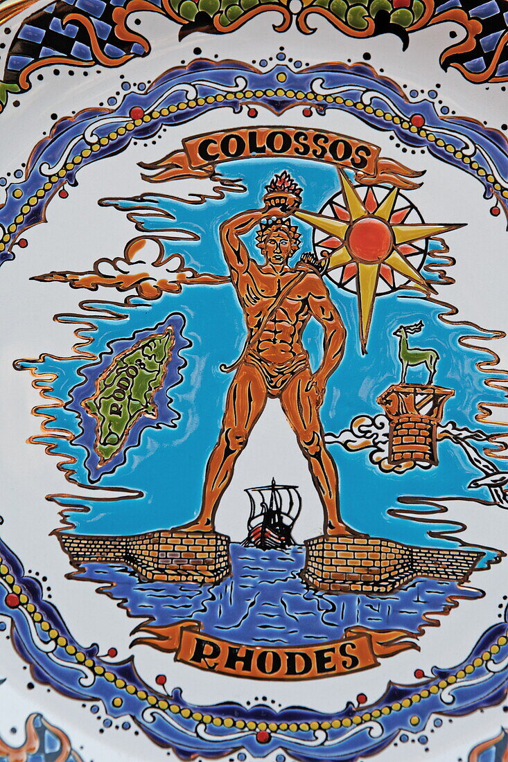 Souvenir plate with a picture of the colossus of Rhodes, Rhodes, Dodecanese, South Aegean, Greece