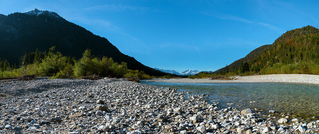 Isar river between Wallgau and Vorderriss, Zugspitze, Alpspitze and Wetterstein mountains in the background, Wallgau, Upper Bavaria, Bavaria, Germany