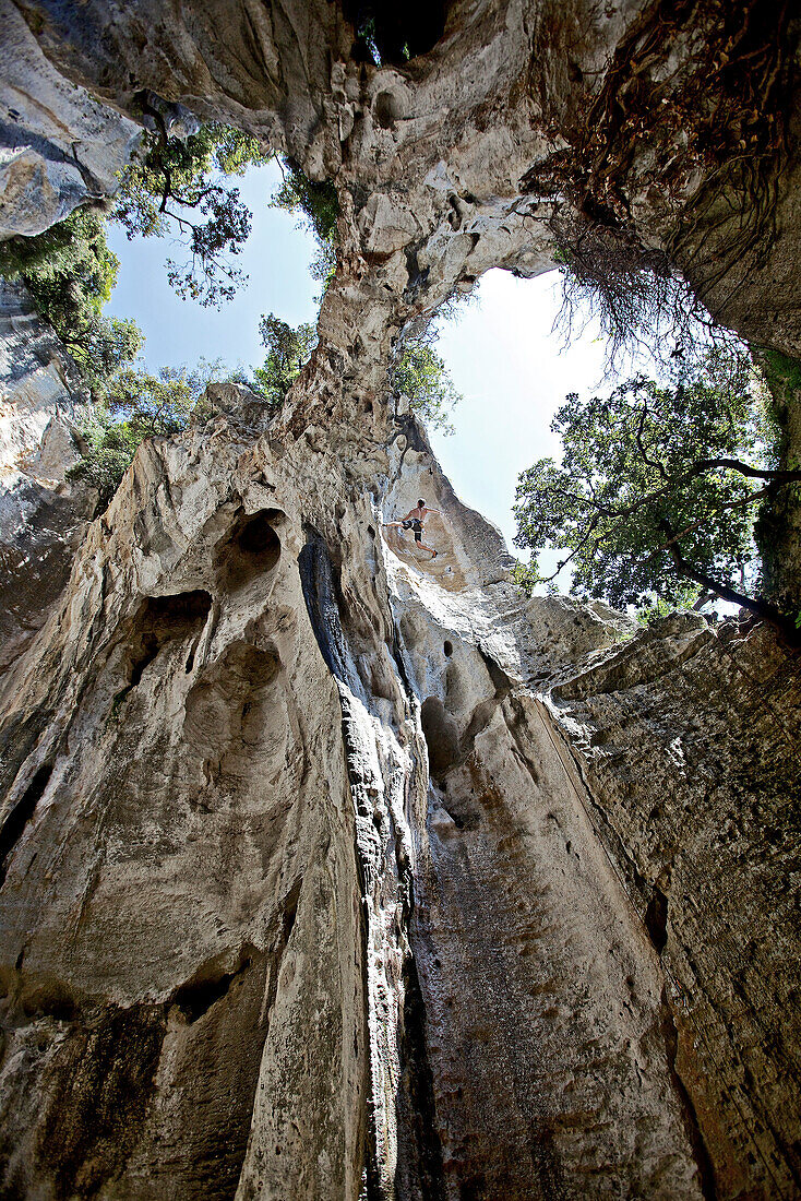 Man rock climbing, Finale Ligure, Province of Savona, Liguria, Italy