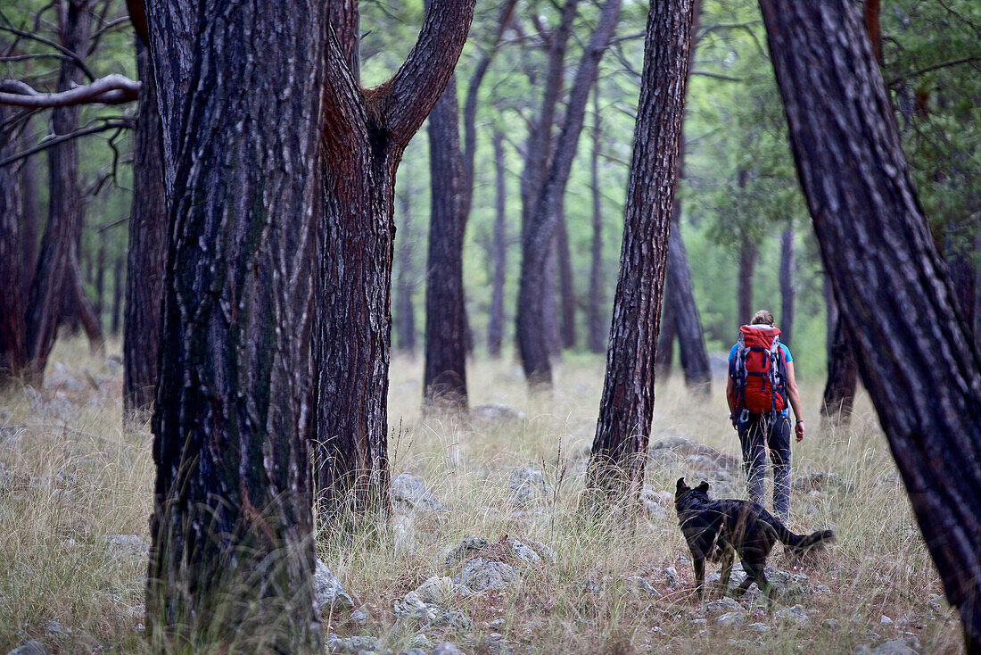 Woman and a dog hiking along long-distance footpath Lycian Way, Antalya, Turkey