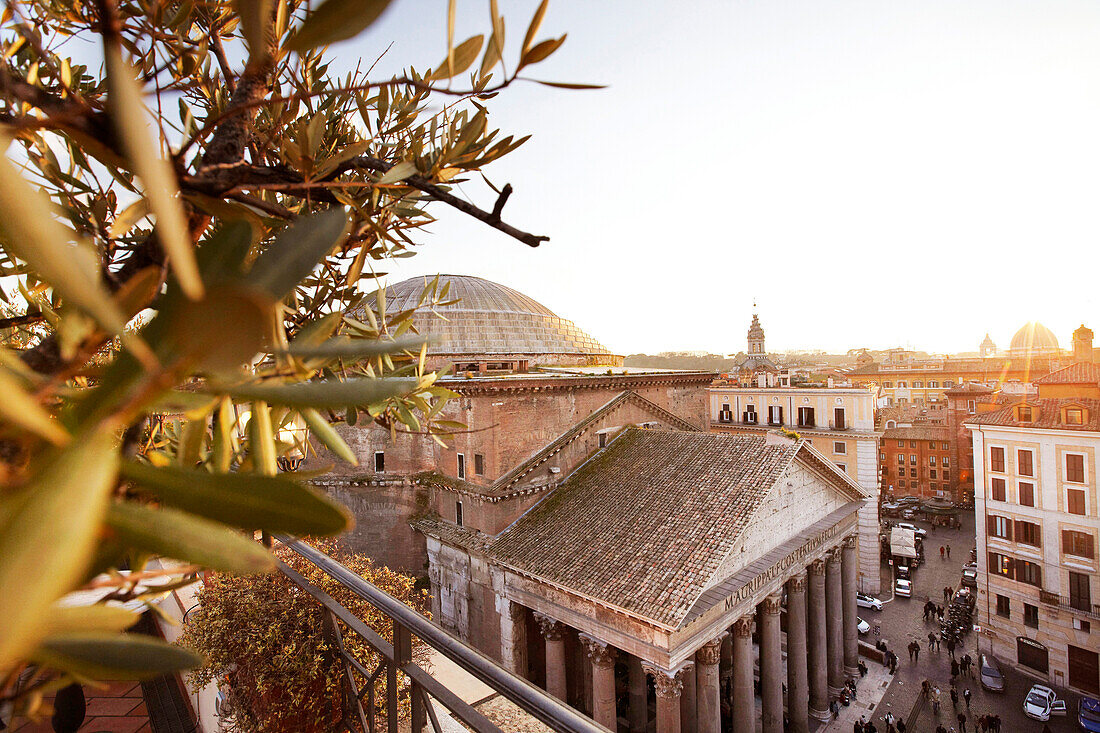 View from the roof terrace of Hotel Albergo del Senato to the Pantheon and over the roofs of Rome, Rome, Lazio, Italy
