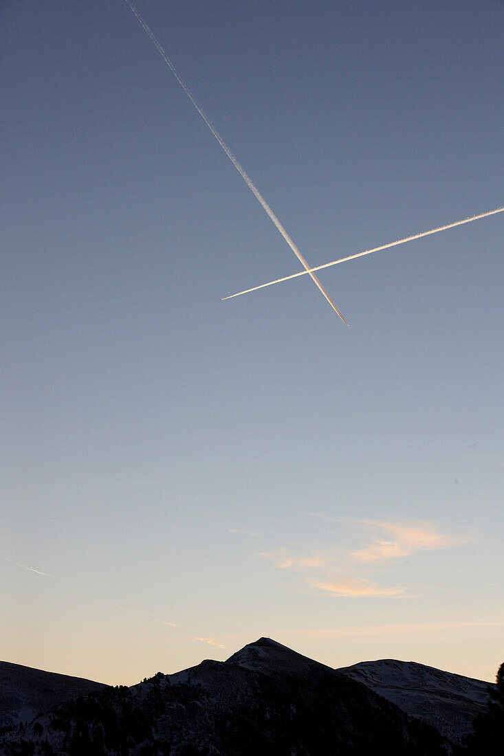 Two airplanes crossing paths in the evening sky, Mountains, Travel