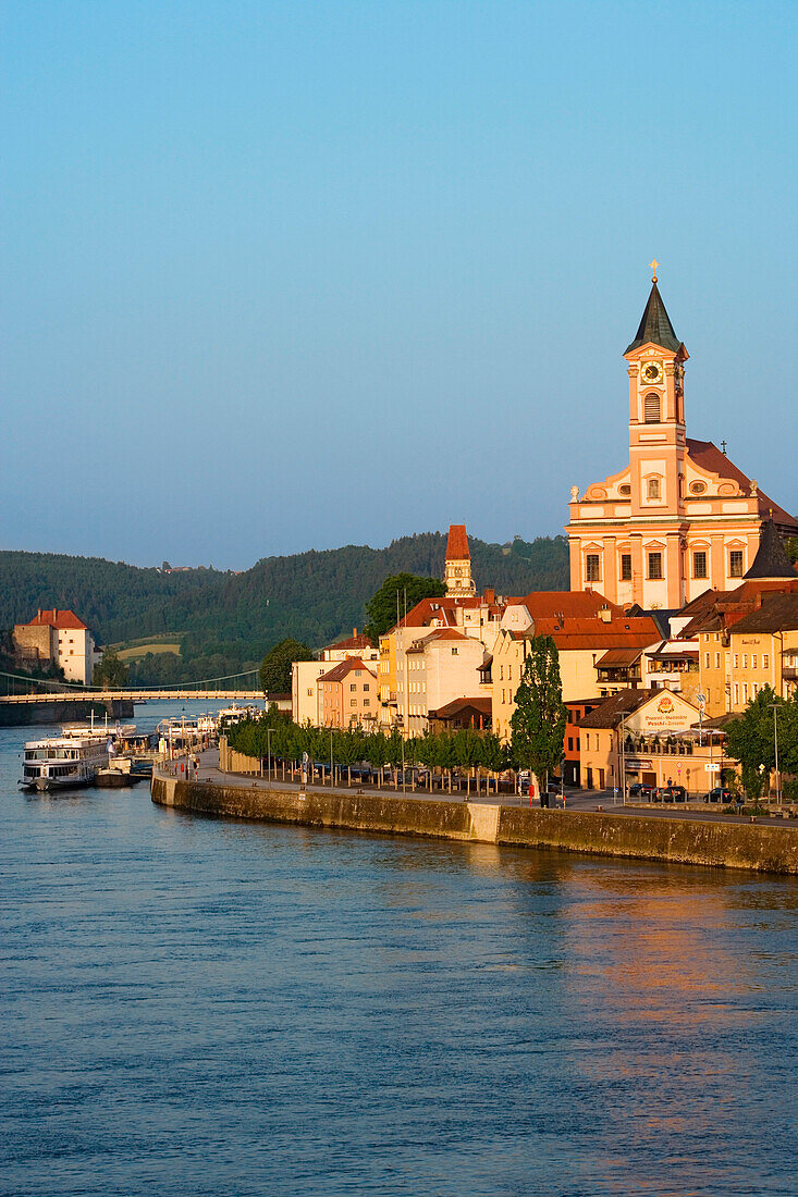 Danube and church of St. Paul, Passau, Lower Bavaria, Bavaria, Germany