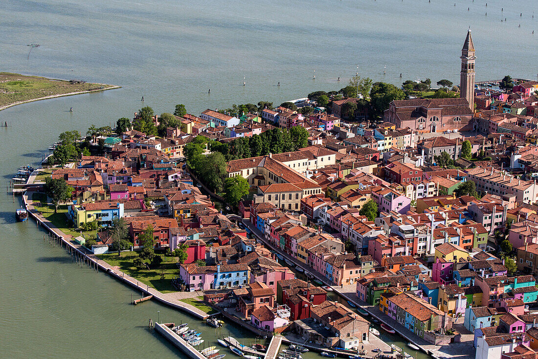 Aerial view of the Venetian Lagoon with salt marshes, Island of Burano, Fishing village with colourful house facades, Veneto, Italy