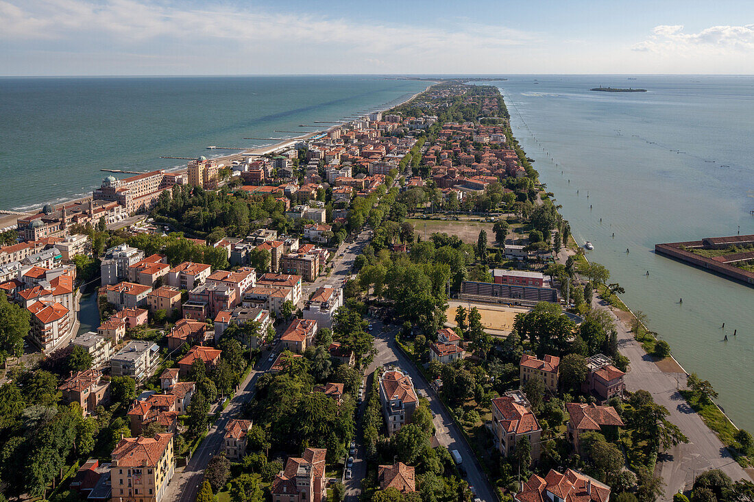 Aerial view of the Venetian Lagoon with beach, Island of Lido, Veneto, Italy