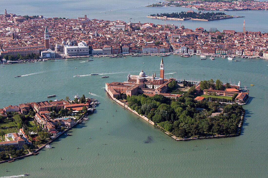 Aerial view of islands in the Venetian lagoon, Giudecca and San Giorgio Maggiore, San Marco, Veneto, Italy