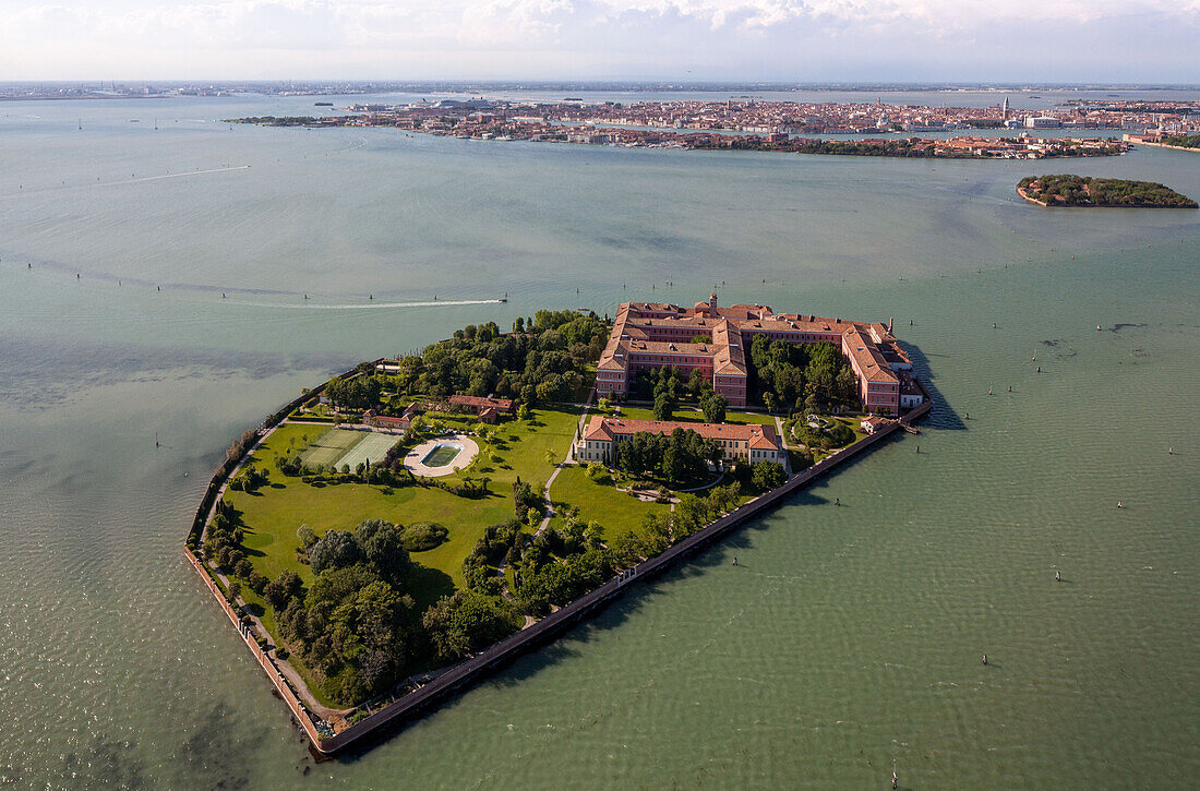 Aerial view of the Venetian Lagoon, Island of San Clemente, Venice, Veneto, Italy