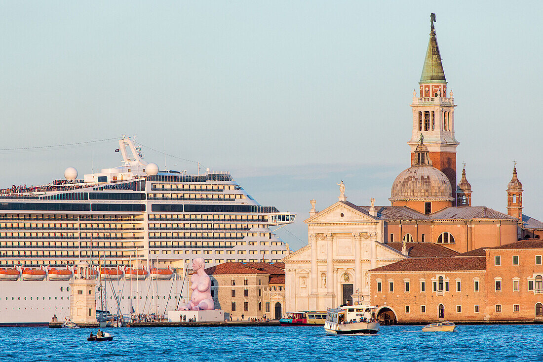 Cruise ship protest, Cruise ship being towed in Giudecca Canal, near San Giorgio Maggiore, Venice, Veneto, Ita