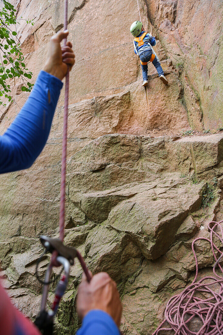 Junge (3 Jahre) klettert am Fels, Steinbruch Aktienbruch, Löbejün, Sachsen-Anhalt, Deutschland