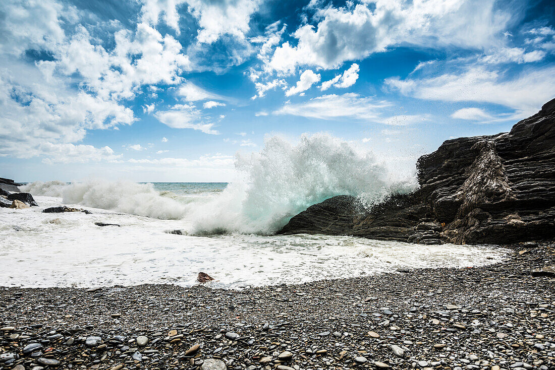 Waves at beach, Vernazza, Cinque Terre, La Spezia, Liguria, Italy