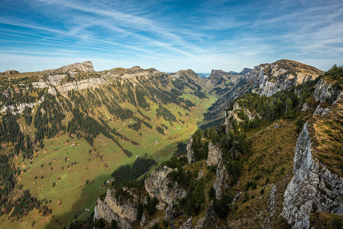 View from mount Niederhorn into Justis valley, Beatenberg, Bernese Oberland, Canton of Bern, Switzerland