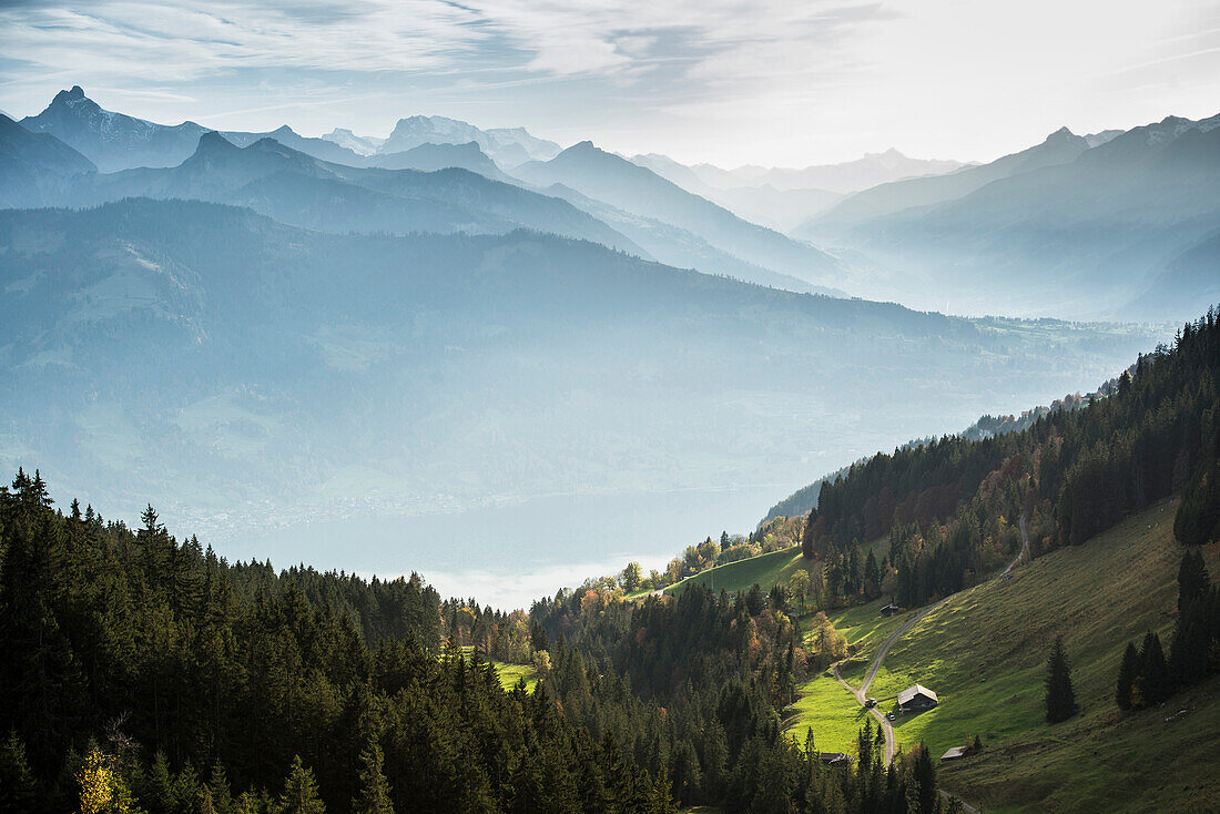 View to Lake Thun and Kander Valley, Beatenberg, Bernese Oberland, Canton of Bern, Switzerland