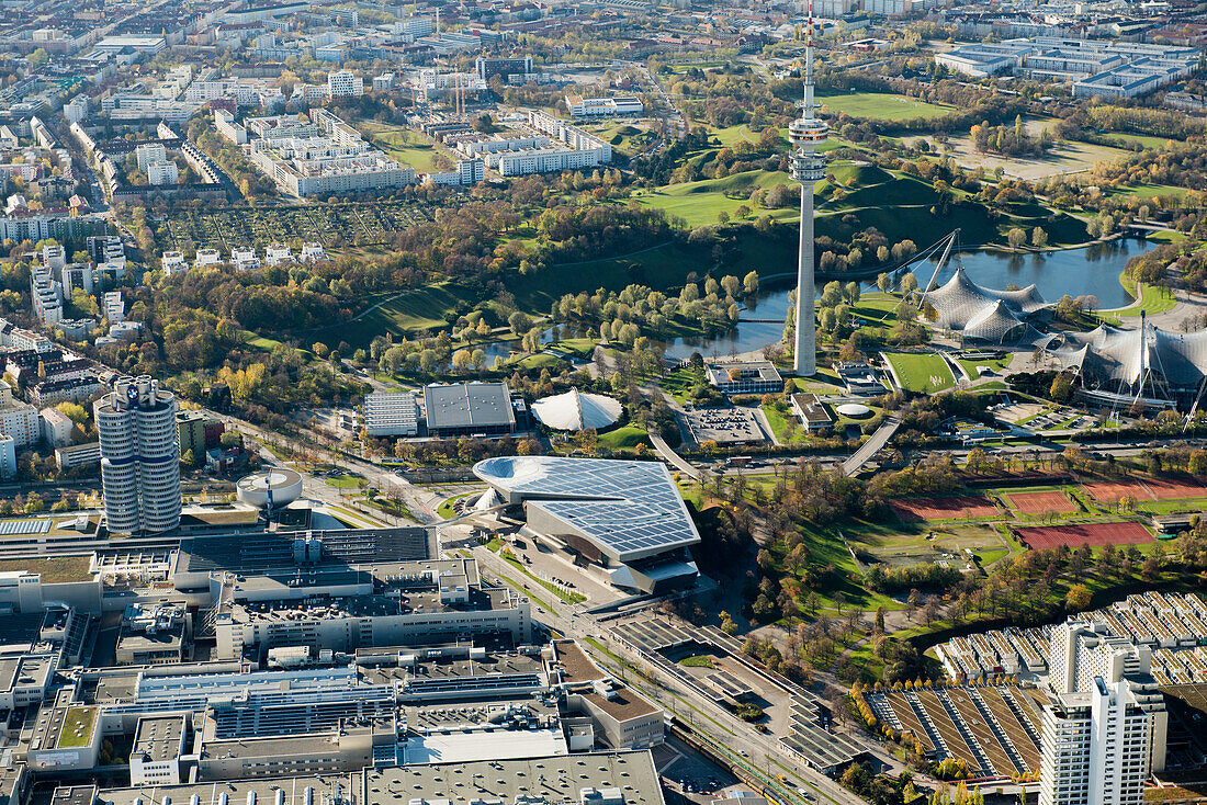 Aerial view of the Olympiapark and BMW Museum, Munich, Bavaria, Germany