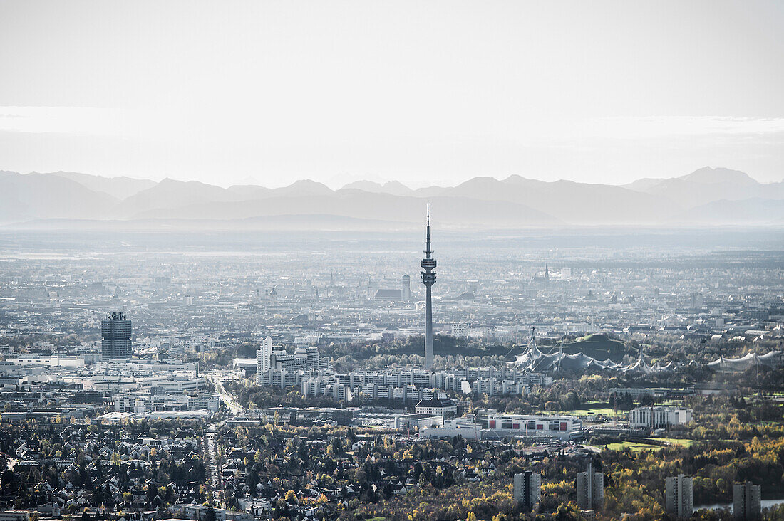 Aerial view of Munich with the Alps in background, Munich, Bavaria, Germany