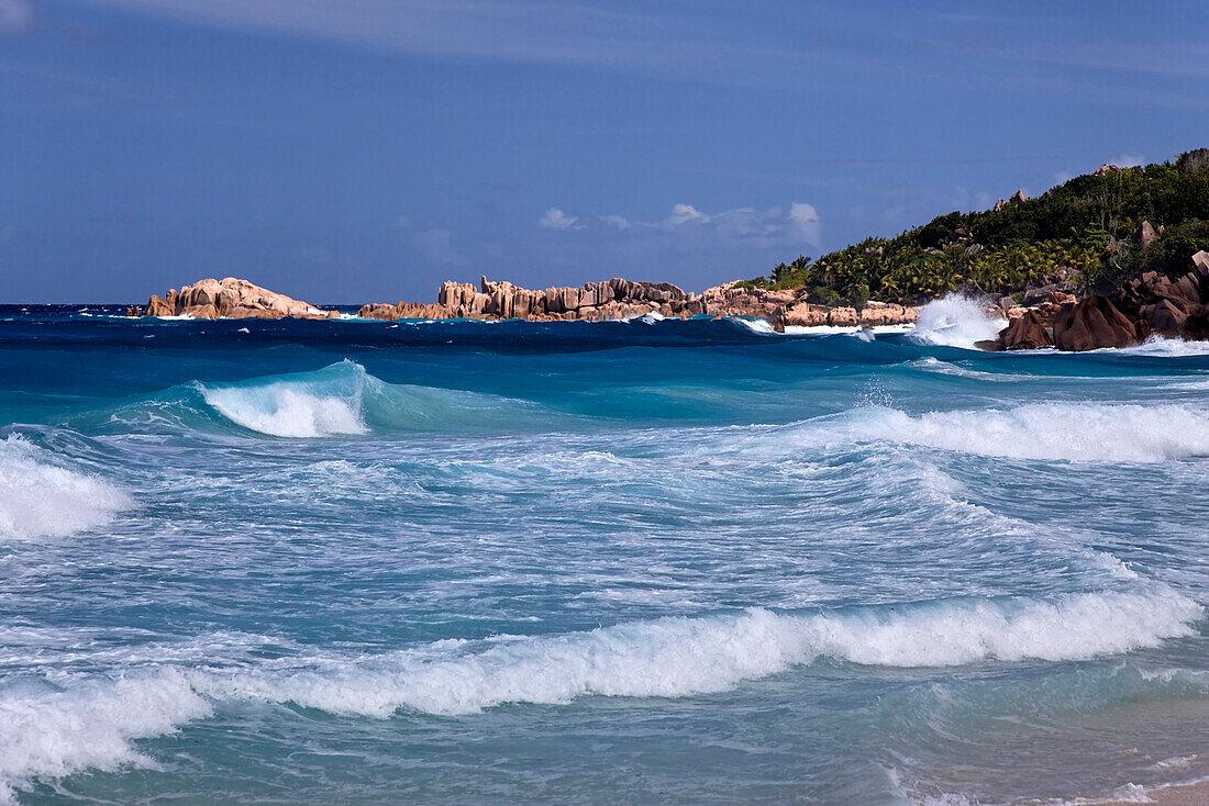 Grand Anse beach with strong currents on the East Coast, La Digue, Seychelles, Indian Ocean