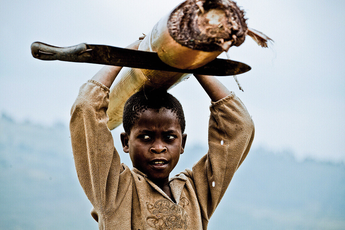 Boy carrying a banana tree and machete, Lake Buyonyi, Uganda, Africa